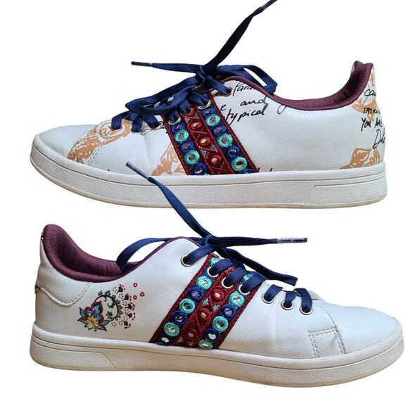 Desigual Cosmic Exotic Blanco Embellished White Blue Red Sneakers Shoes 9 - Picture 1 of 6